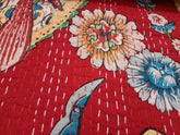 Indische Baumwolle Roter Vogel Druck Kantha Quilt Bettwäsche Überwurf Sofa Überwurf Tagesdecke Queen Size Handgemachte Vintage Decke